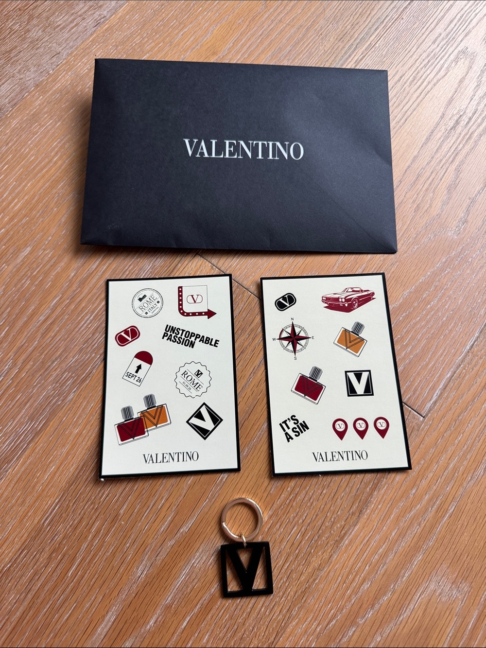Valentino Black V Logo Keyring with Branded Stickers